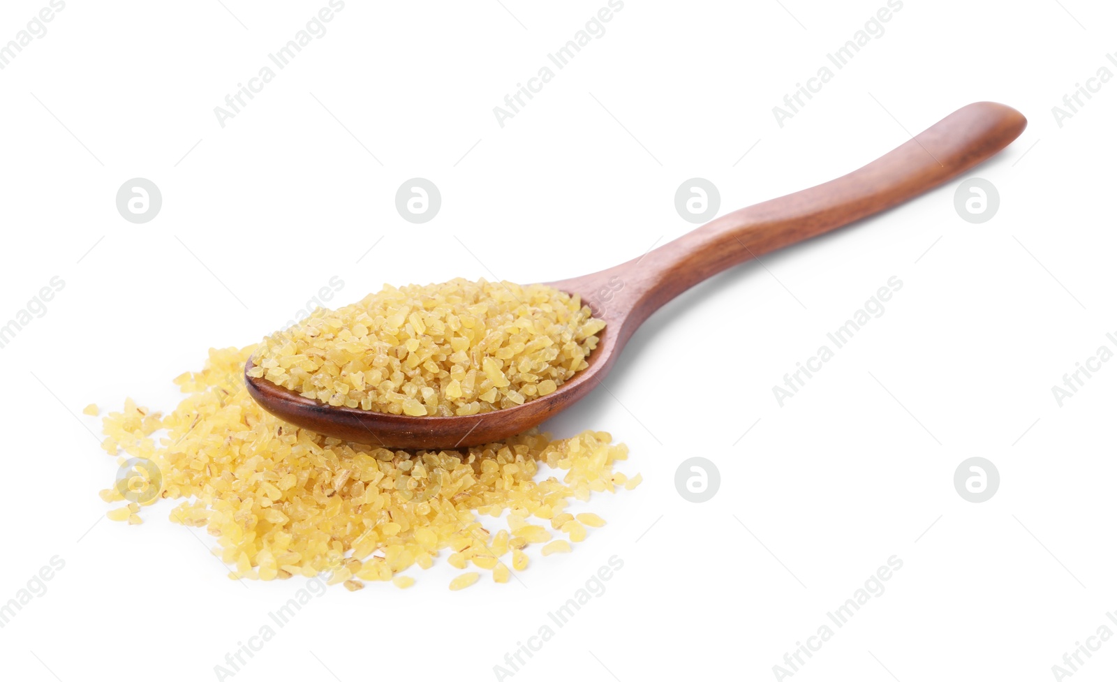 Photo of Raw bulgur in wooden spoon isolated on white