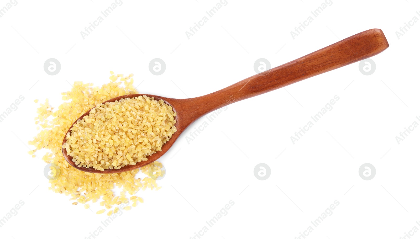 Photo of Raw bulgur in wooden spoon isolated on white, top view