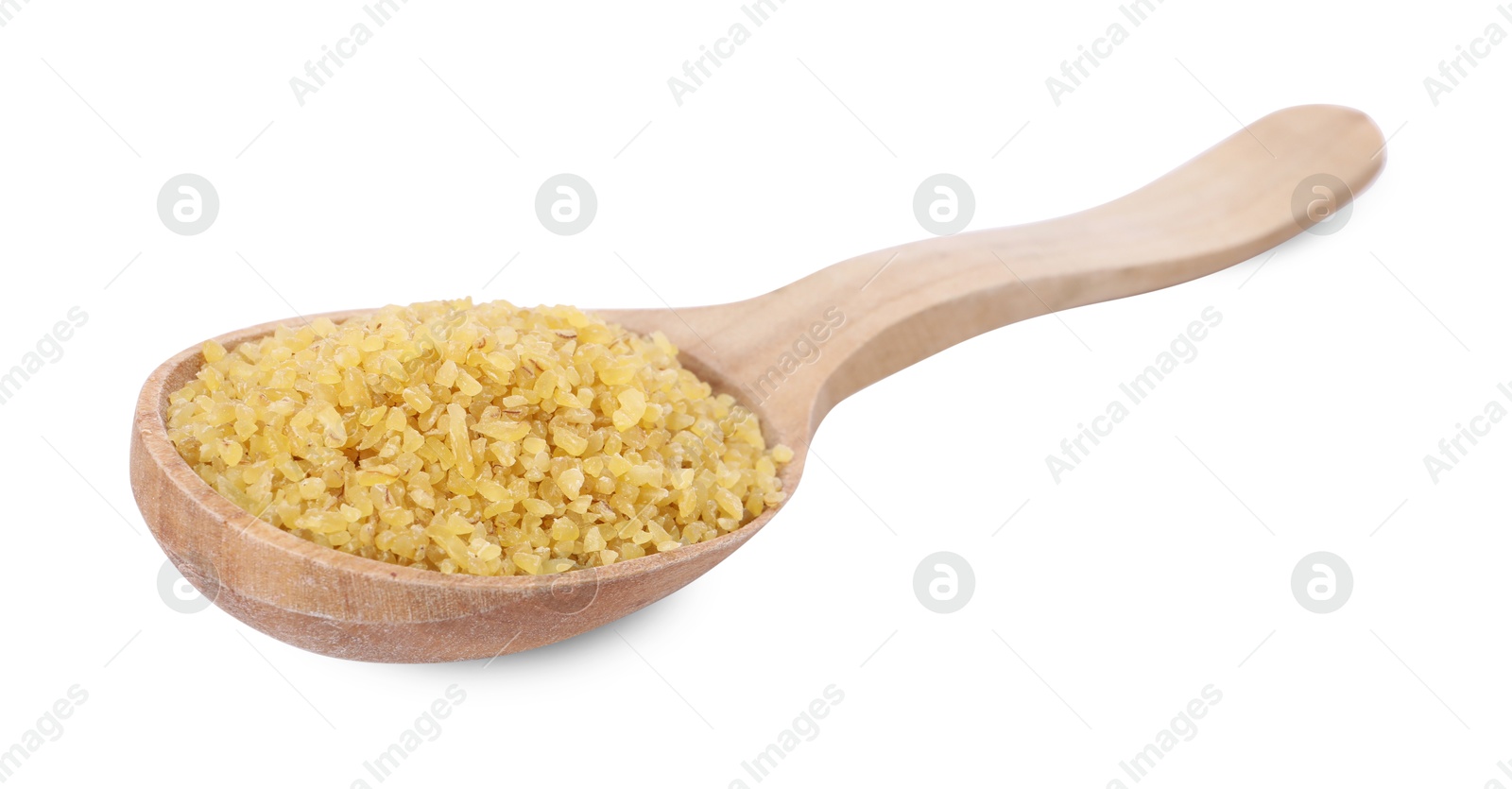 Photo of Raw bulgur in wooden spoon isolated on white