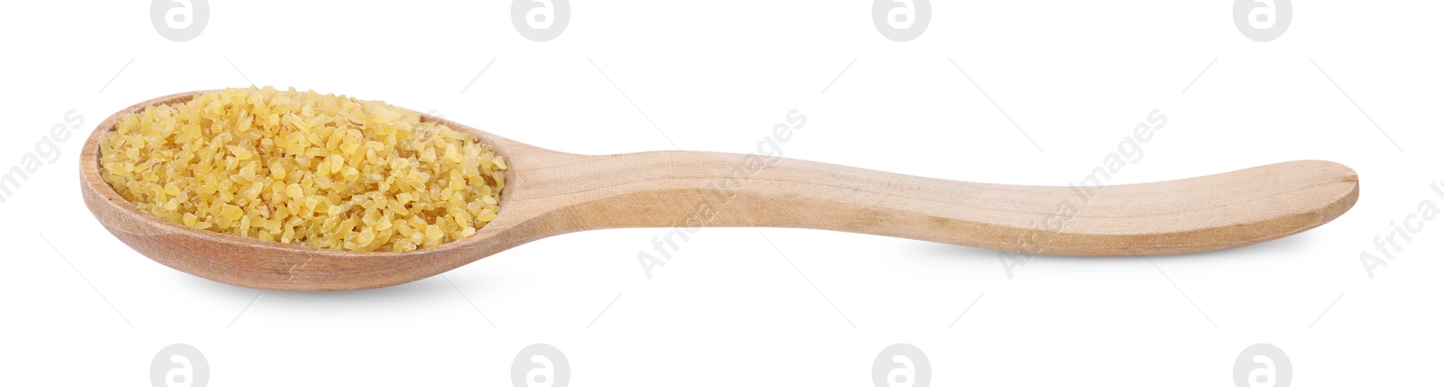 Photo of Raw bulgur in wooden spoon isolated on white