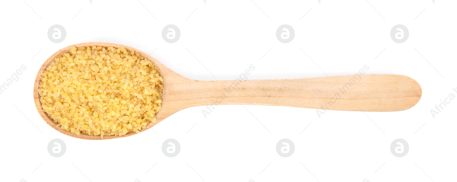 Photo of Raw bulgur in wooden spoon isolated on white, top view