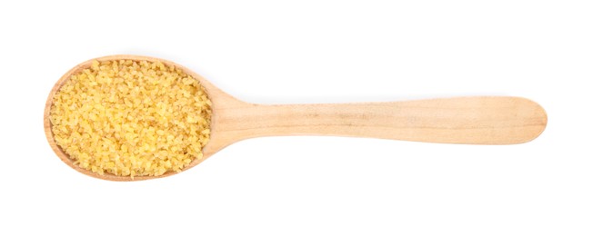 Photo of Raw bulgur in wooden spoon isolated on white, top view