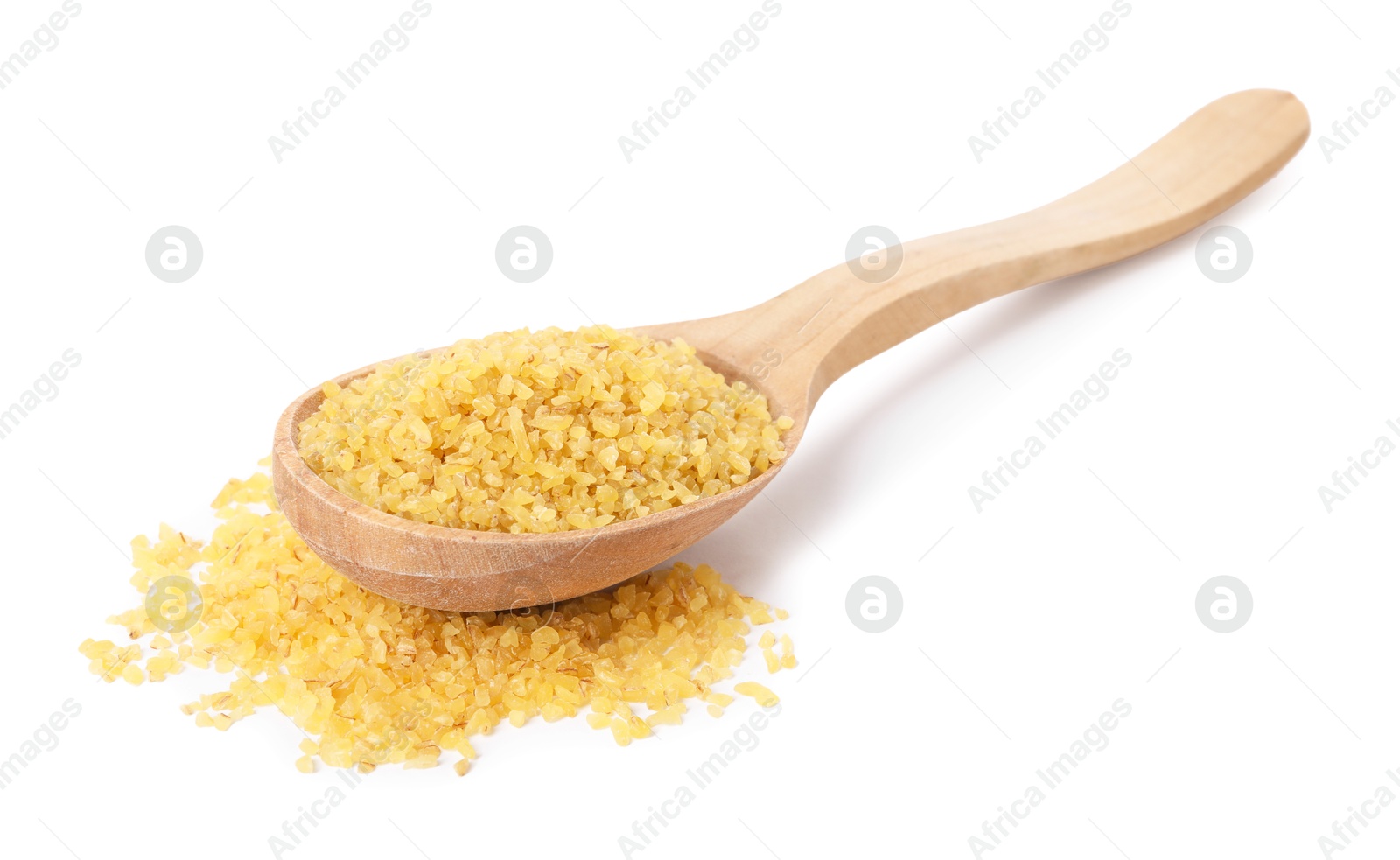 Photo of Raw bulgur in wooden spoon isolated on white