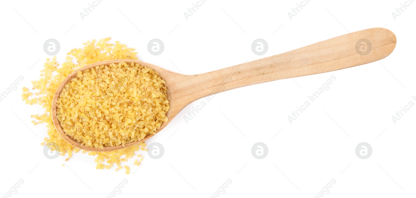 Photo of Raw bulgur in wooden spoon isolated on white, top view