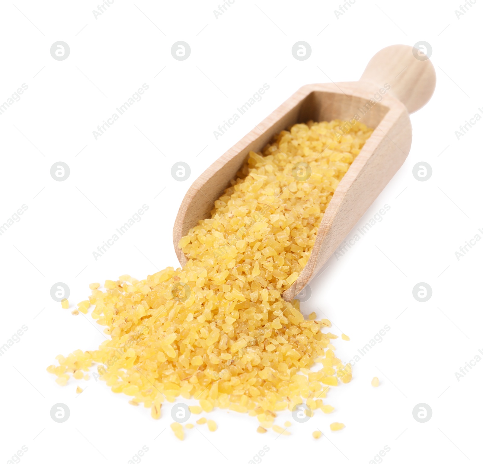 Photo of Raw bulgur in wooden scoop isolated on white