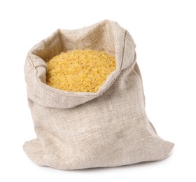 Photo of Raw bulgur in burlap sack isolated on white