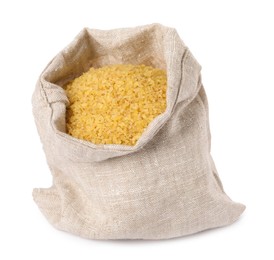 Photo of Raw bulgur in burlap sack isolated on white