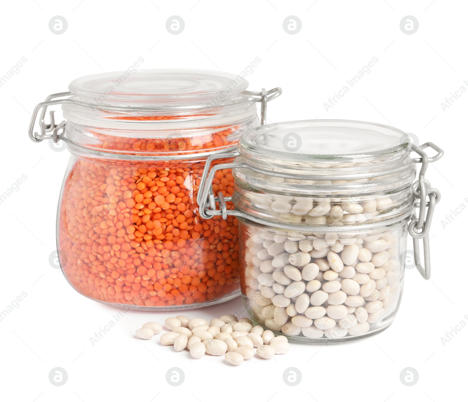 Photo of Raw beans and lentils in glass jars isolated on white