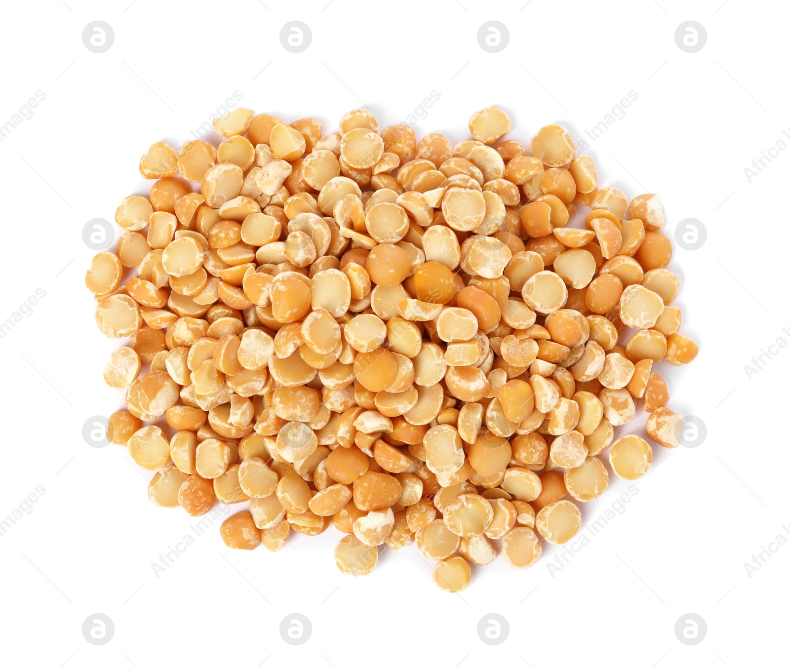 Photo of Heap of dried peas isolated on white, top view