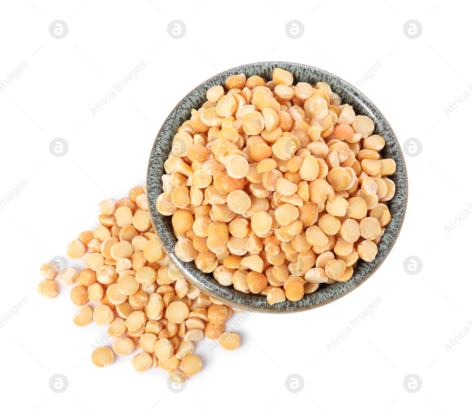 Photo of Dried peas in bowl isolated on white, top view