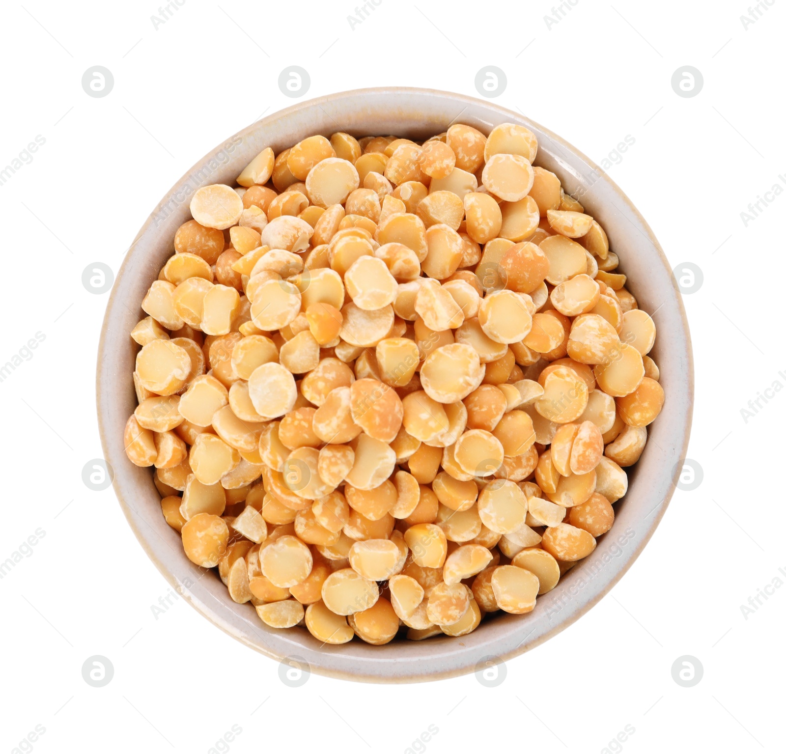 Photo of Dried peas in bowl isolated on white, top view