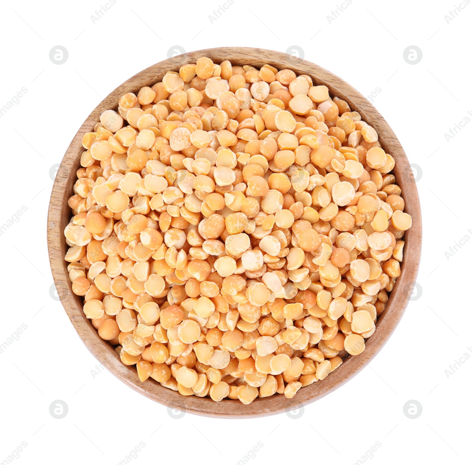 Photo of Dried peas in wooden bowl isolated on white, top view