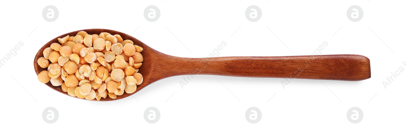 Photo of Dried peas in wooden spoon isolated on white, top view