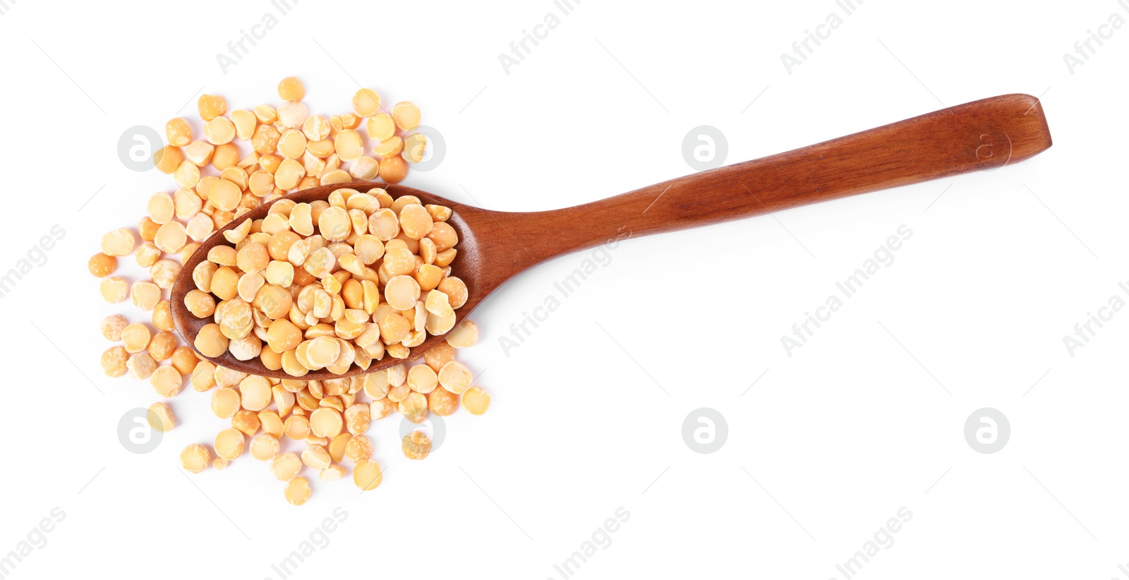 Photo of Dried peas in wooden spoon isolated on white, top view