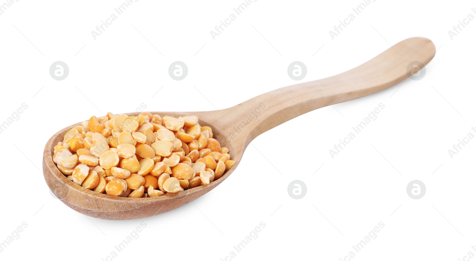 Photo of Dried peas in wooden spoon isolated on white