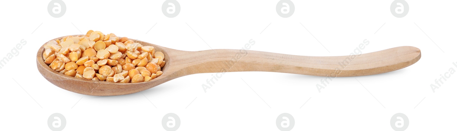 Photo of Dried peas in wooden spoon isolated on white