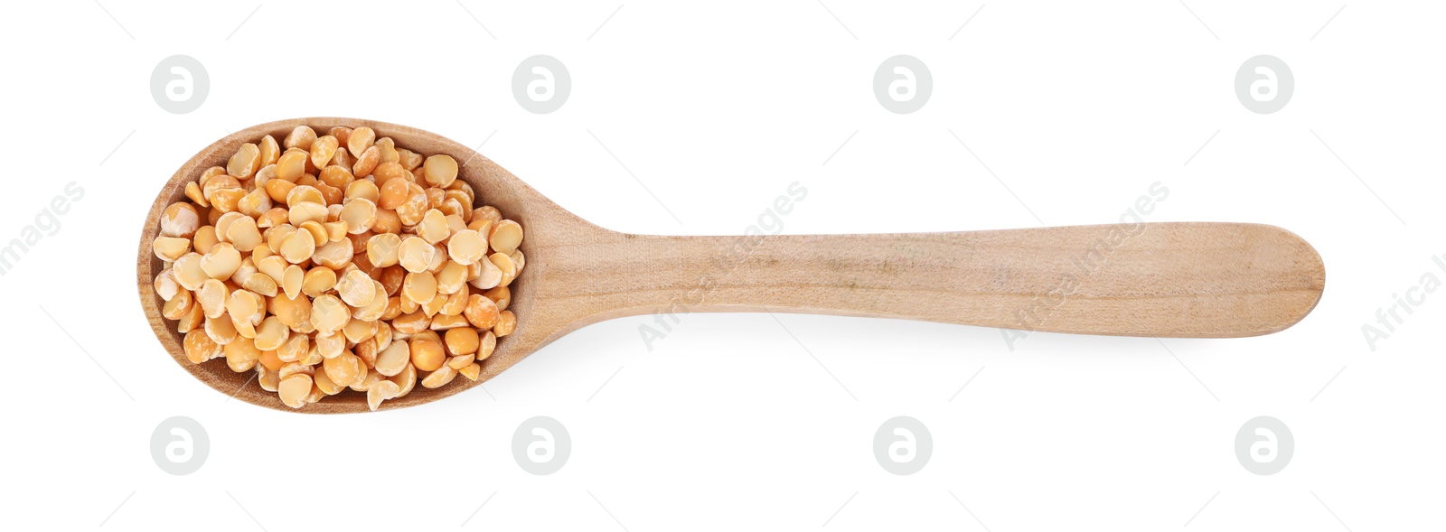 Photo of Dried peas in wooden spoon isolated on white, top view