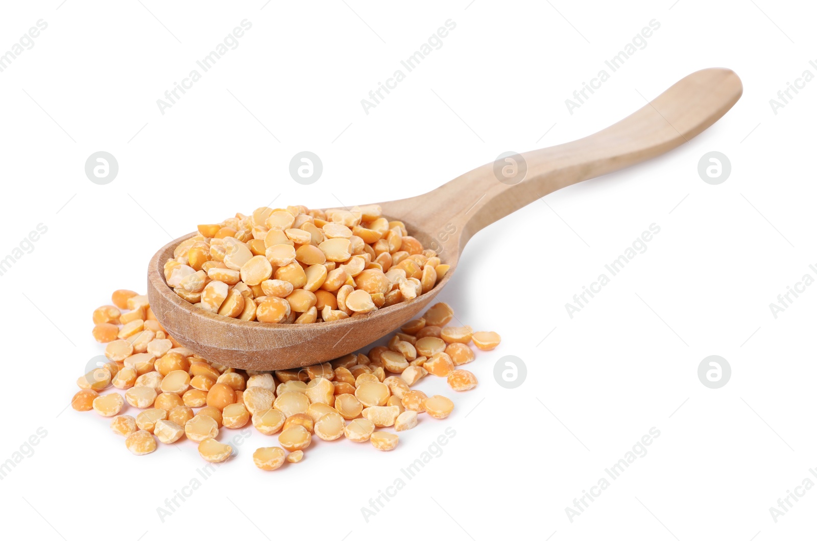 Photo of Dried peas in wooden spoon isolated on white