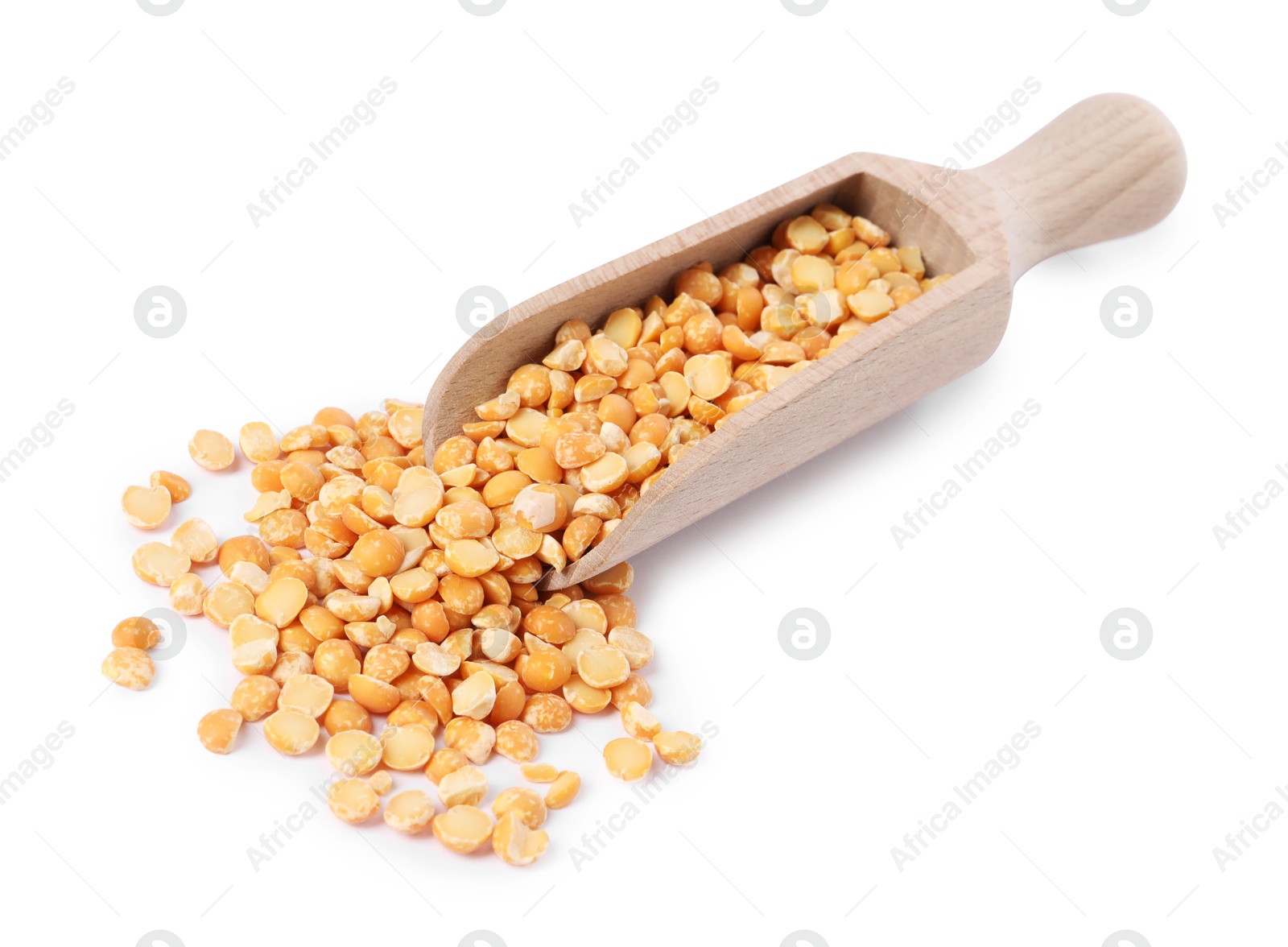 Photo of Dried peas in wooden scoop isolated on white