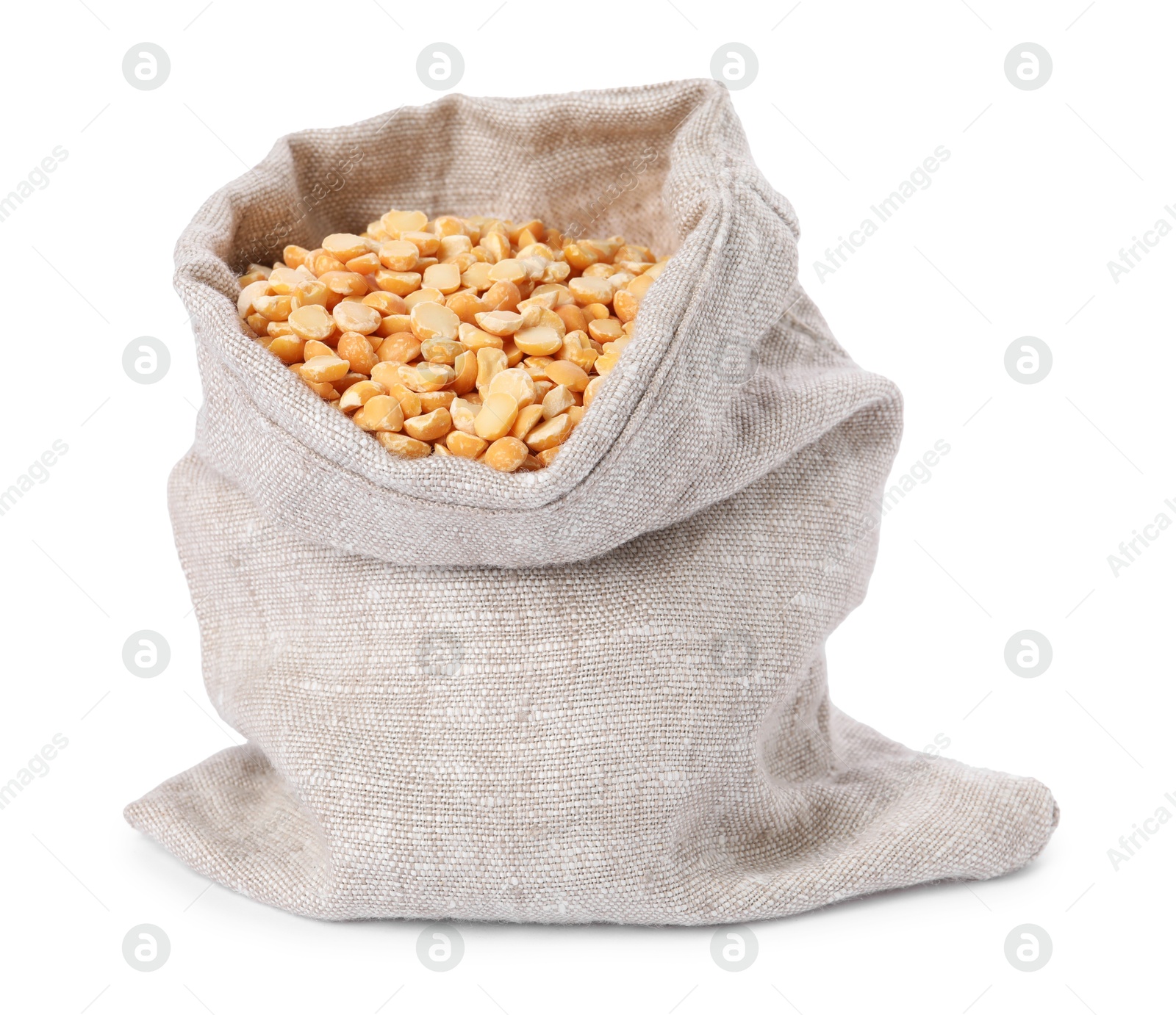 Photo of Dried peas in burlap sack isolated on white