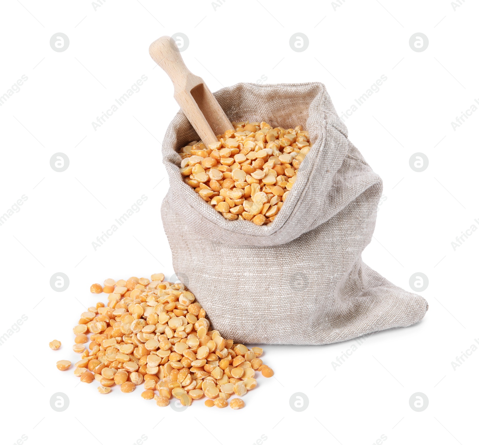 Photo of Dried peas in burlap sack and wooden scoop isolated on white