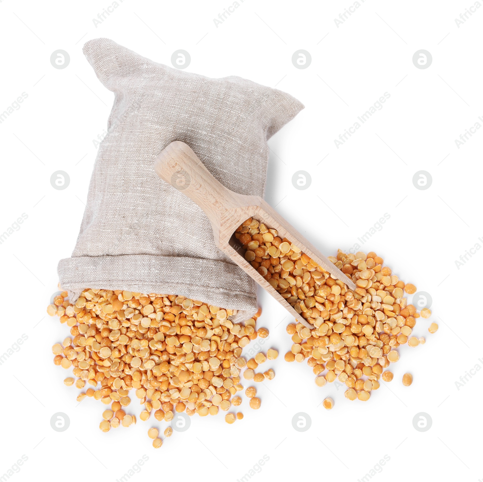 Photo of Dried peas, overturned burlap sack and wooden scoop isolated on white, top view