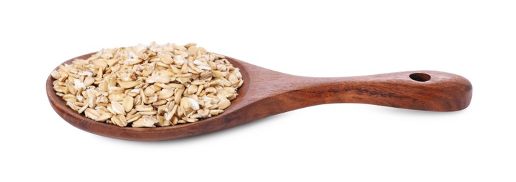 Photo of Dry oat flakes in wooden spoon isolated on white