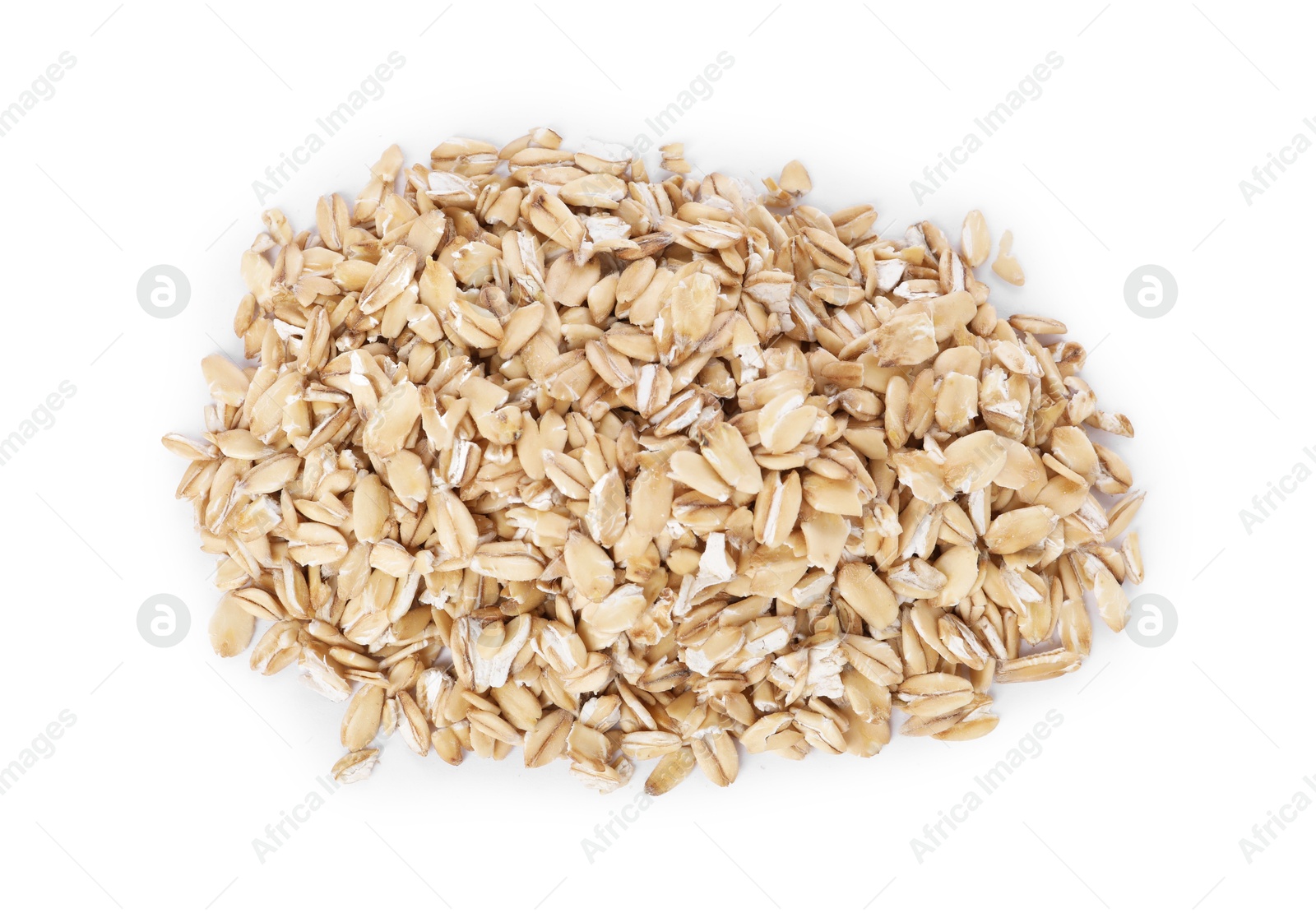 Photo of Heap of dry oat flakes isolated on white, top view