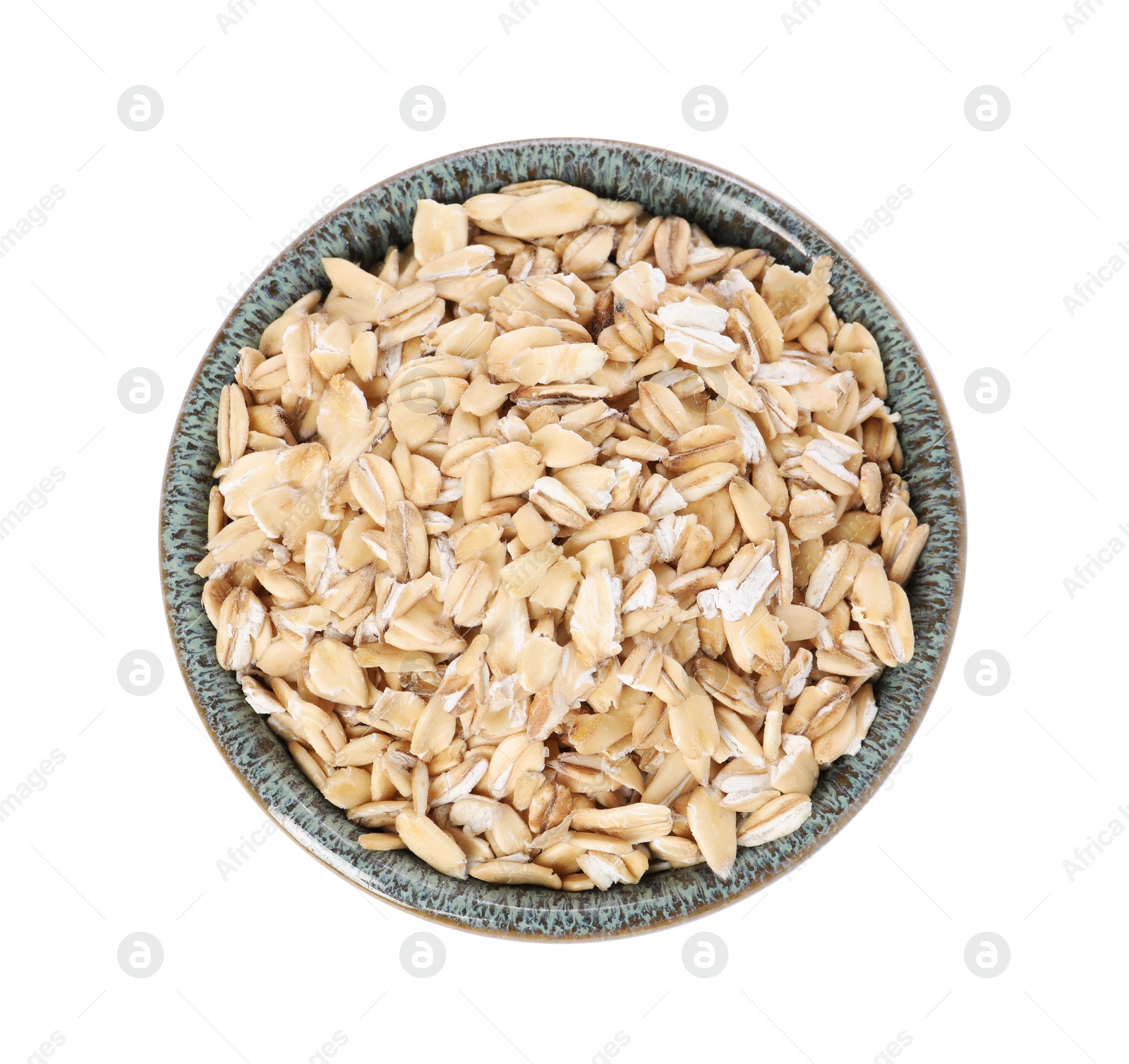 Photo of Dry oat flakes in bowl isolated on white, top view