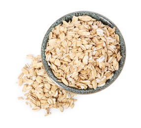 Photo of Dry oat flakes in bowl isolated on white, top view