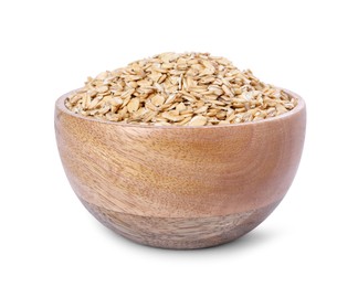 Photo of Dry oat flakes in wooden bowl isolated on white