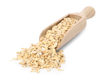 Photo of Dry oat flakes in wooden scoop isolated on white