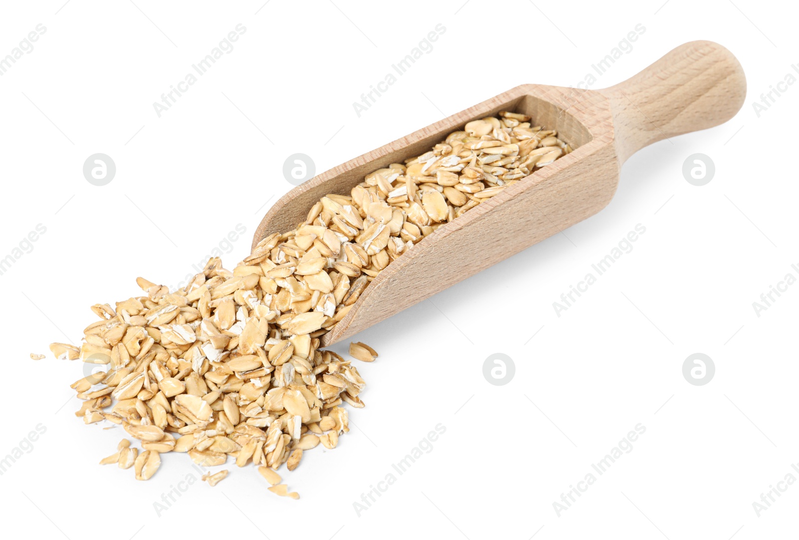 Photo of Dry oat flakes in wooden scoop isolated on white