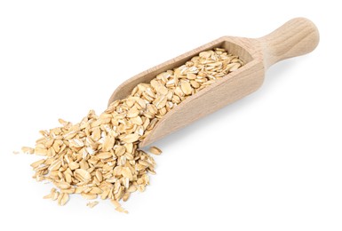 Photo of Dry oat flakes in wooden scoop isolated on white