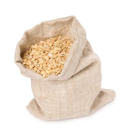 Photo of Dry oat flakes in burlap sack isolated on white