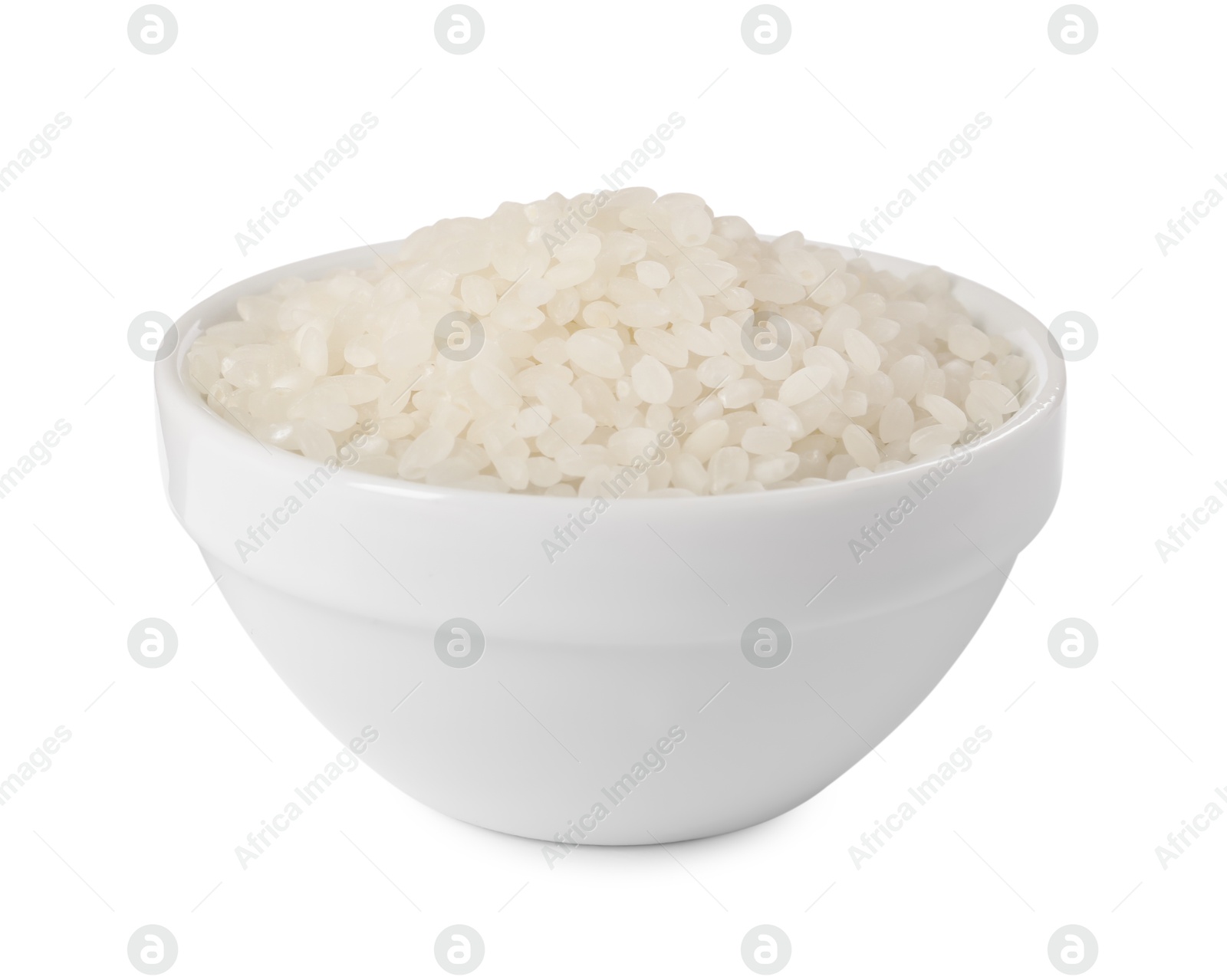 Photo of Raw rice in bowl isolated on white