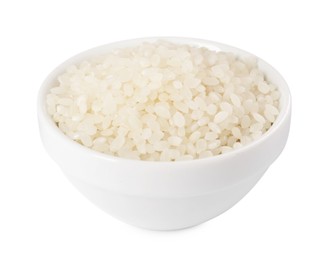 Photo of Raw rice in bowl isolated on white