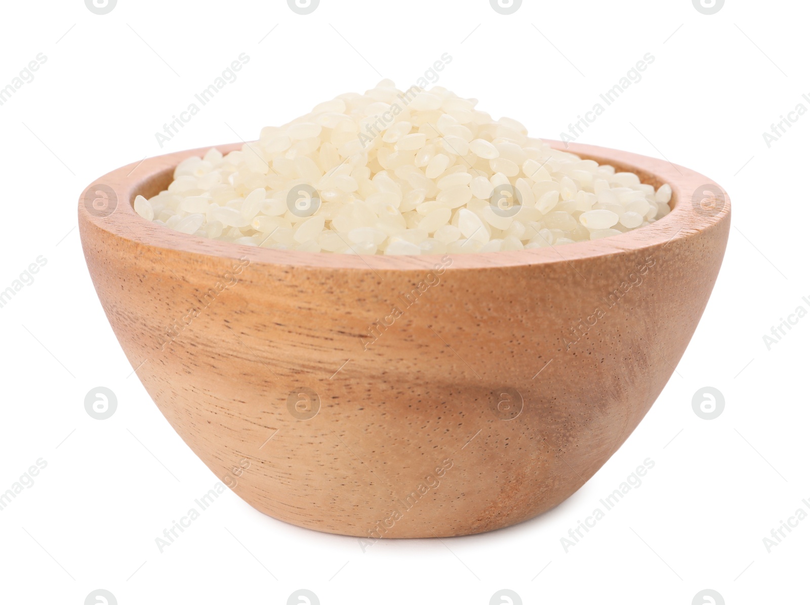 Photo of Raw rice in wooden bowl isolated on white