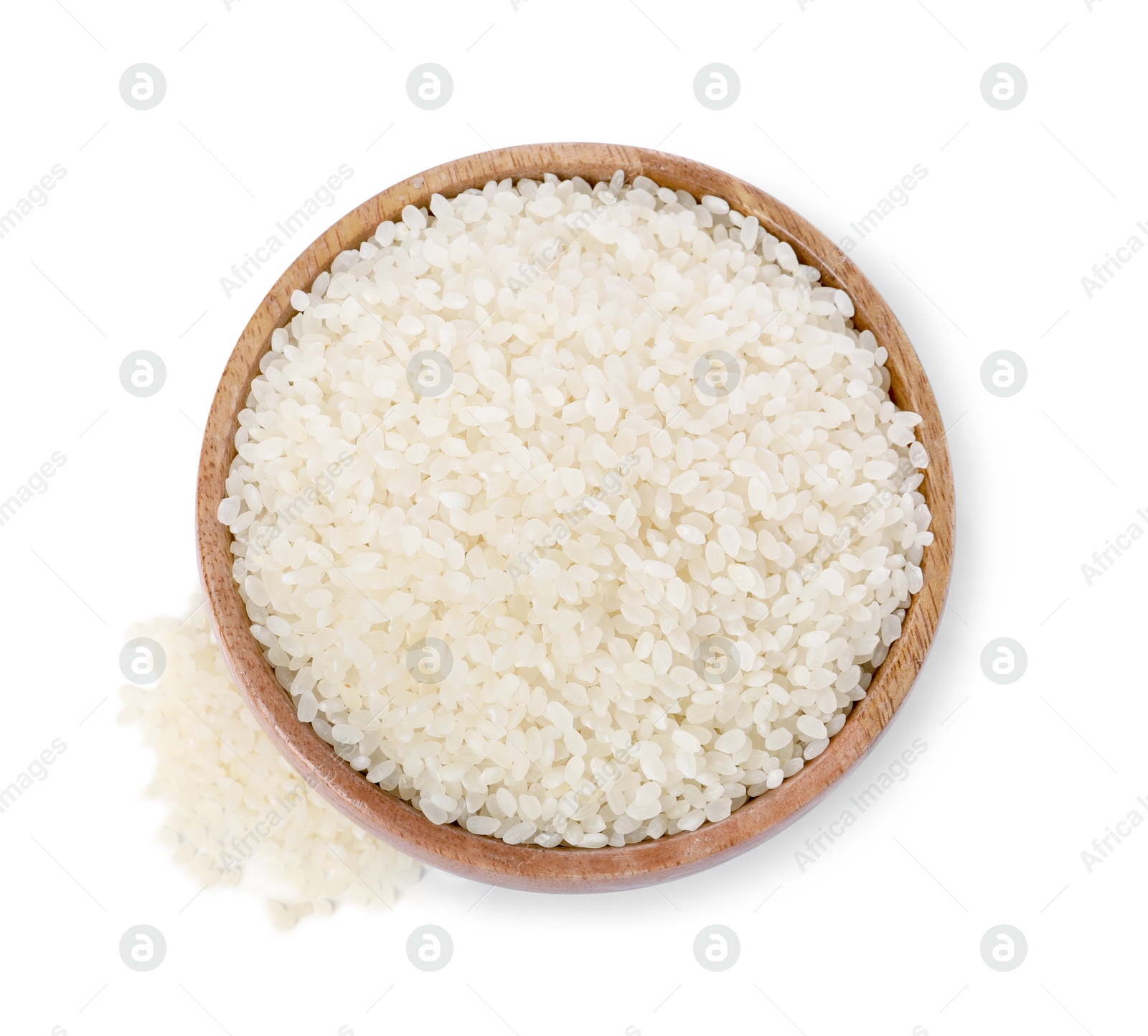 Photo of Raw rice in wooden bowl isolated on white, top view