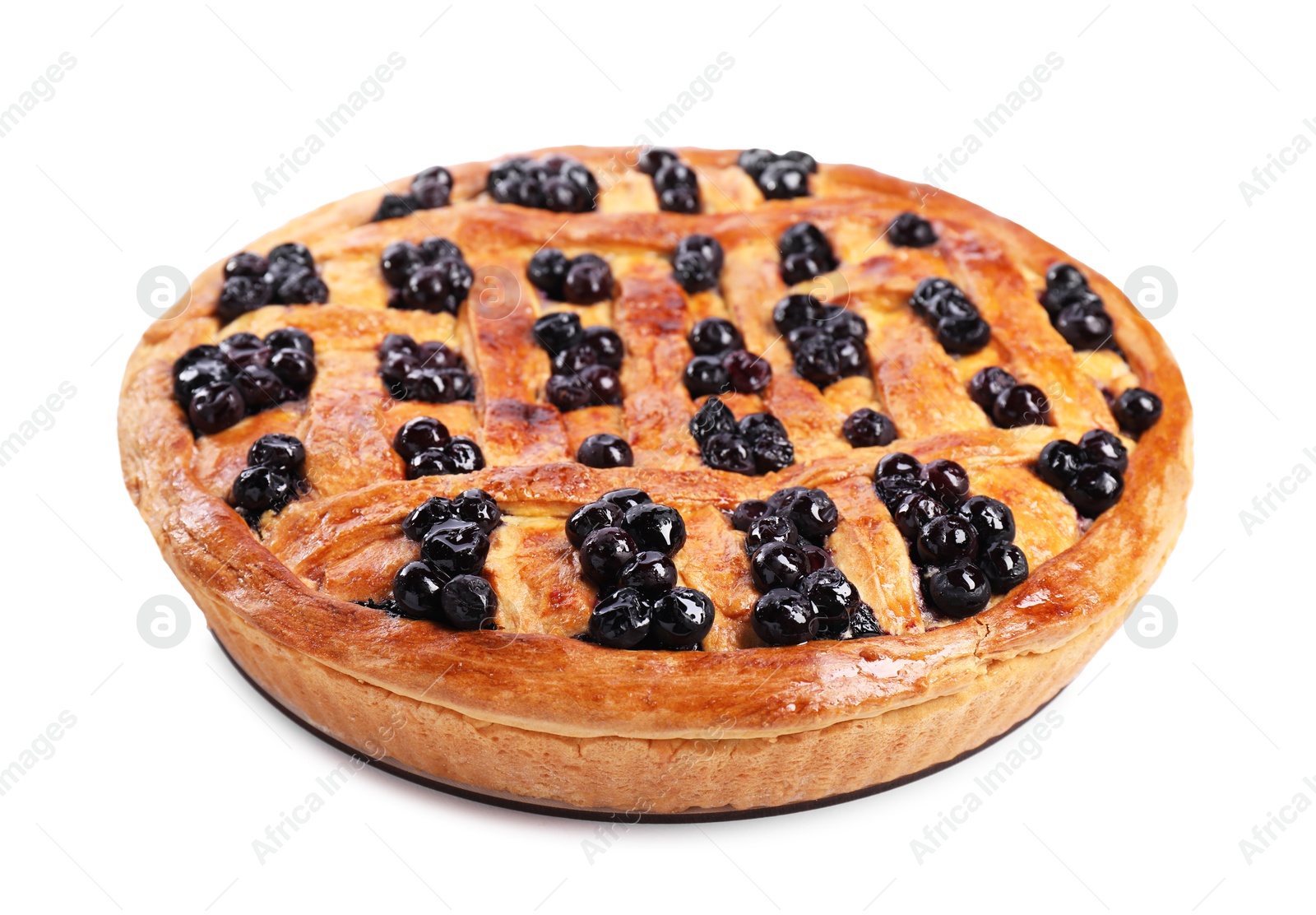 Photo of Tasty homemade pie with blueberries isolated on white