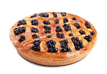 Photo of Tasty homemade pie with blueberries isolated on white