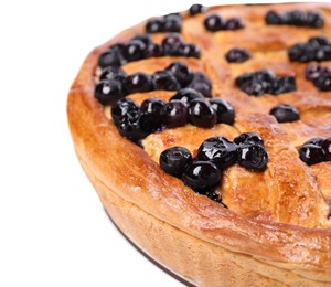 Photo of Tasty homemade pie with blueberries isolated on white