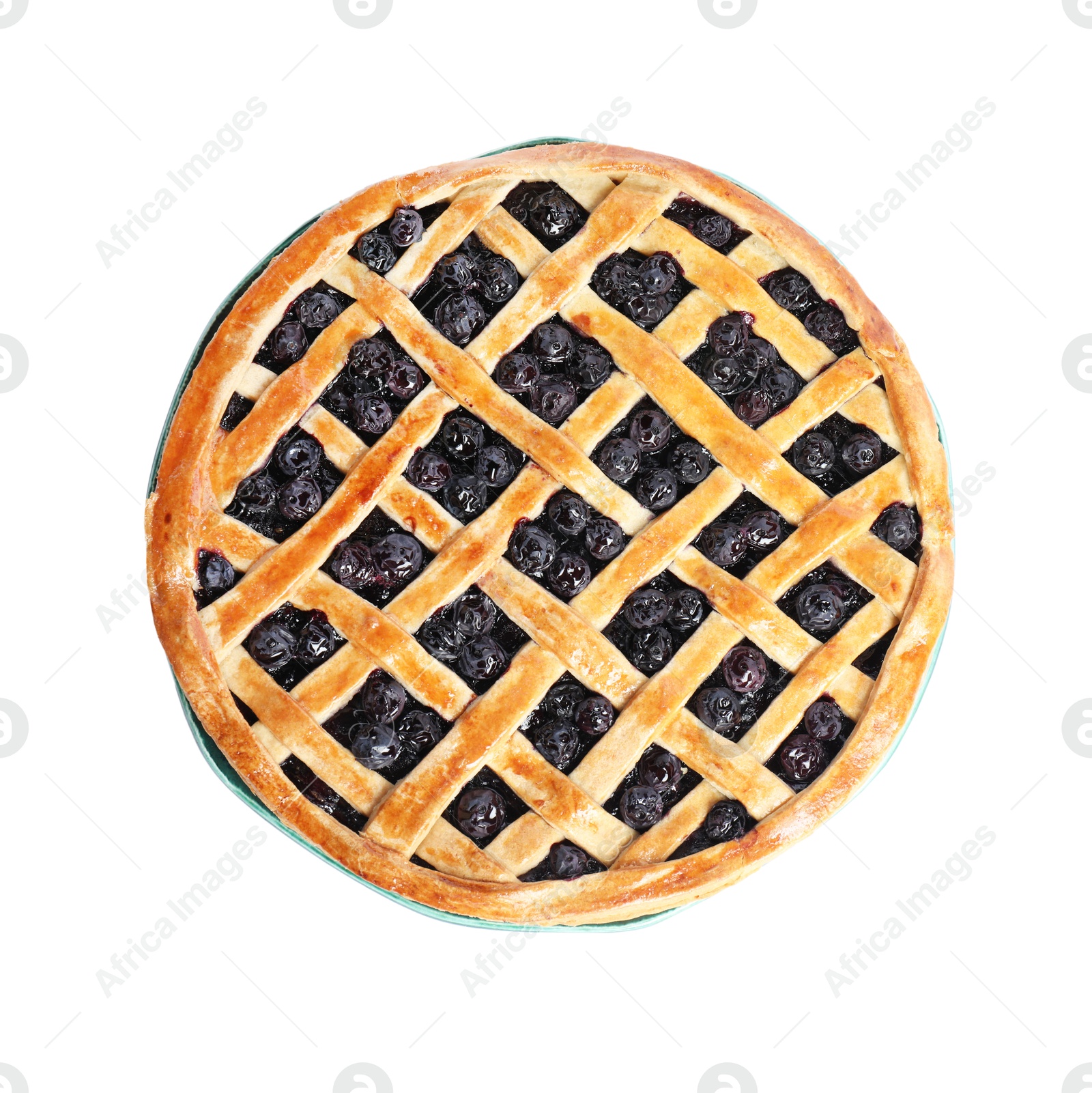 Photo of Tasty homemade pie with blueberries isolated on white, top view