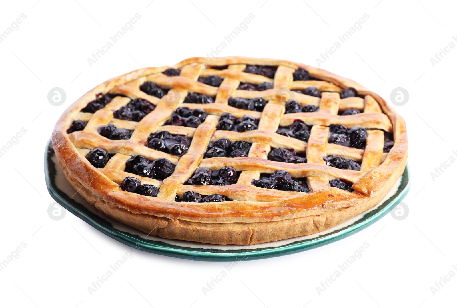 Photo of Tasty homemade pie with blueberries isolated on white