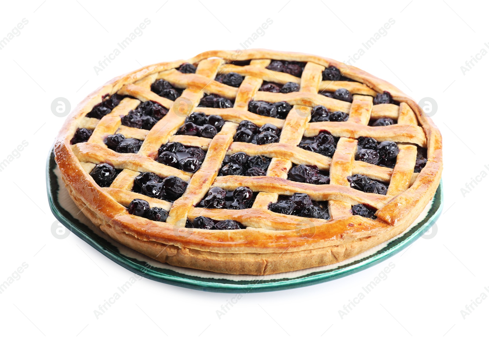 Photo of Tasty homemade pie with blueberries isolated on white