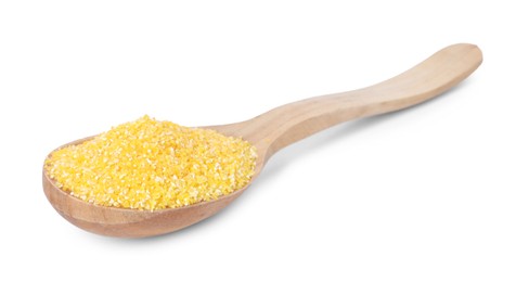 Photo of Raw cornmeal in wooden spoon isolated on white