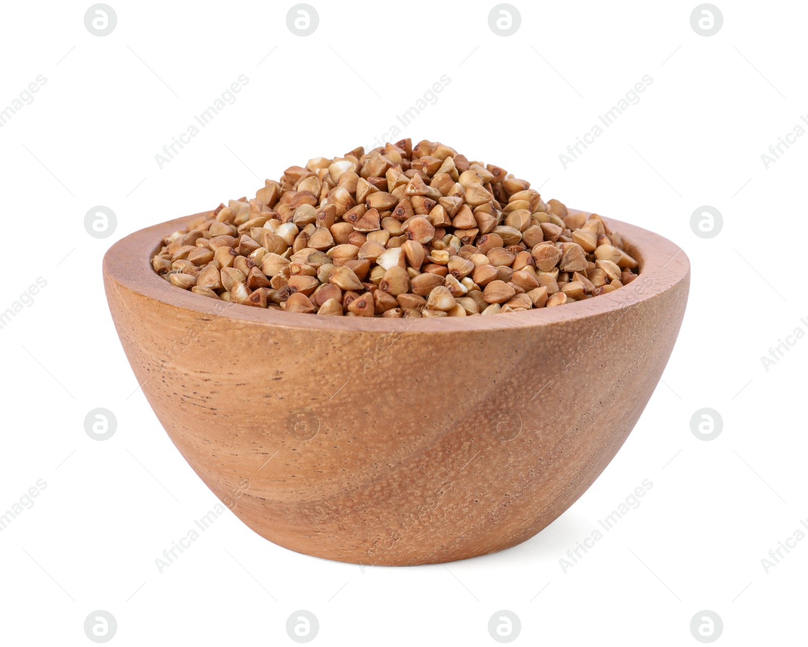 Photo of Raw buckwheat in bowl isolated on white