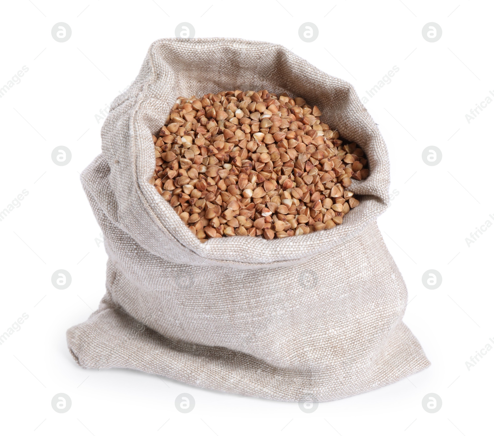 Photo of Raw buckwheat in burlap isolated on white