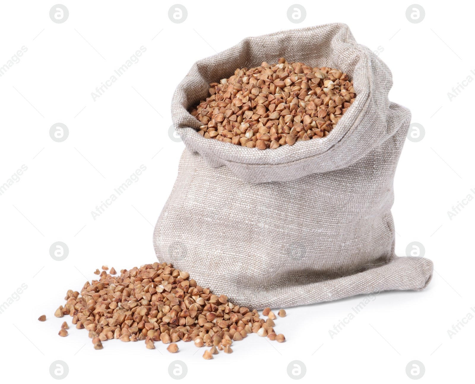 Photo of Raw buckwheat in burlap isolated on white