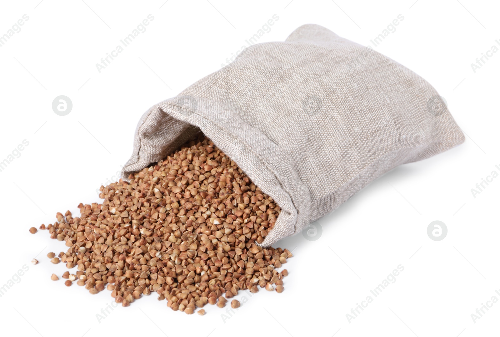 Photo of Raw buckwheat in burlap isolated on white